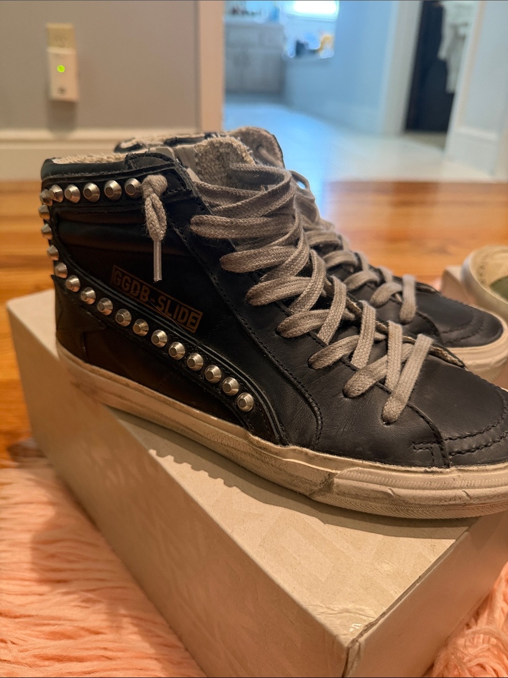 Golden Goose Black Leather High-Top Kids Sneakers with Silver Studs